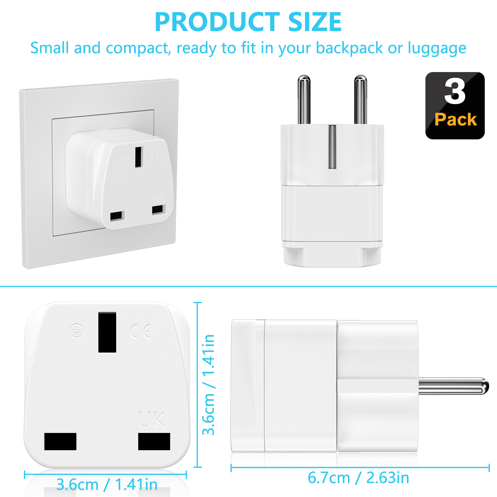 3PCS UK to EU Plug Adapter Eur - Travel Accessories Europe reseña y precio